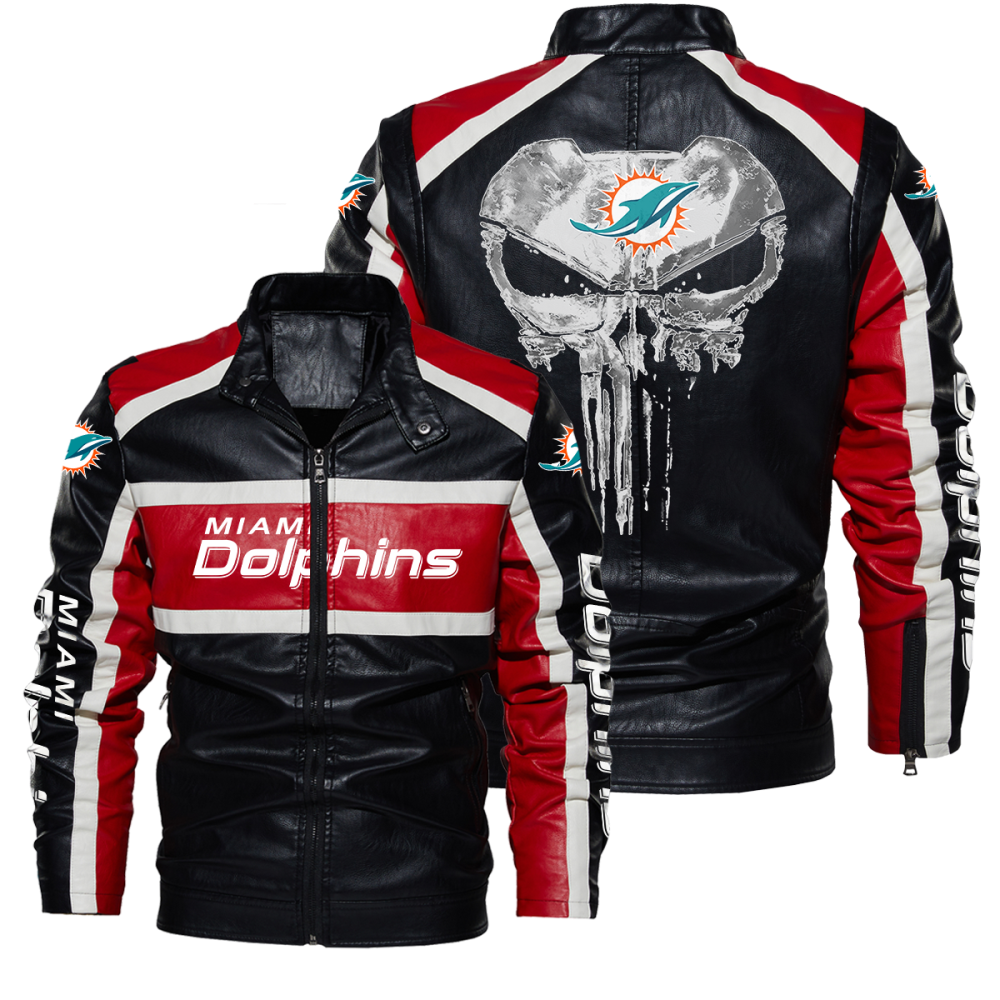 Miami Dolphins Shop - Miami Dolphins Skull Leather Jacket Motorcycle Stand Collar Coat