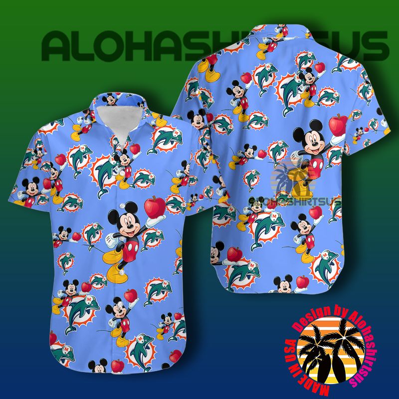 Miami Dolphins Shop - Mickey Mouse Apple Miami Dolphins Nfl Blue Hawaiian Shirt Outfit Men