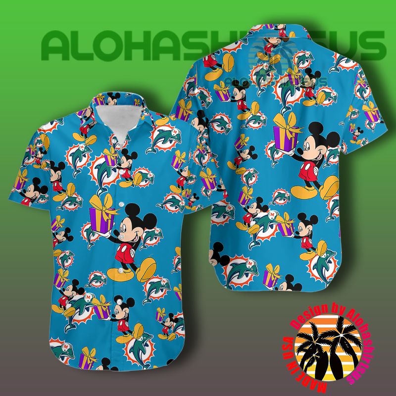 Miami Dolphins Shop - Mickey Mouse Gift Box Miami Dolphins Nfl Sapphire Mens Hawaiian Shirt