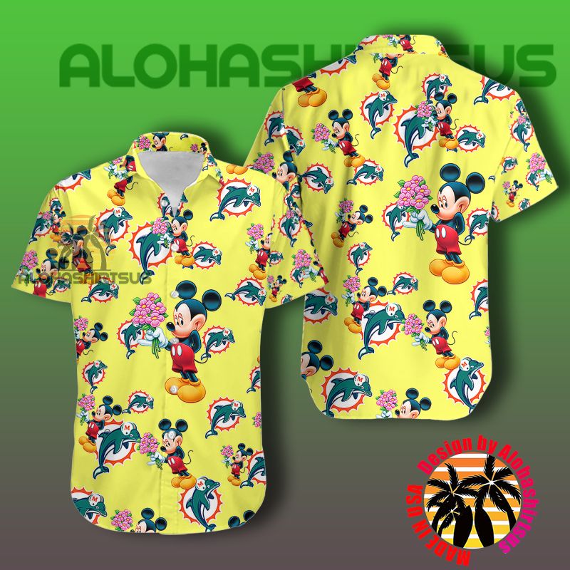 Miami Dolphins Shop - Mickey Mouse Holding Flowers Miami Dolphins Nfl Yellow Hawaiian Shirt