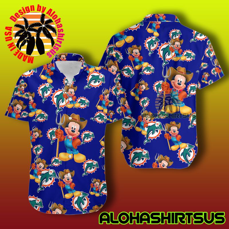 Miami Dolphins Shop - Mickey Mouse In Farm Miami Dolphins Nfl Navy Metal Hawaiian Shirt