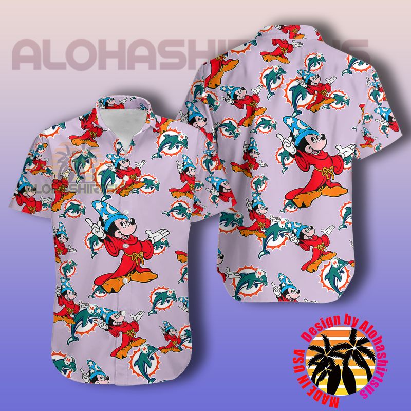 Miami Dolphins Shop - Mickey Mouse In Wizard Miami Dolphins Nfl Light Pink Hawaiian Shirt