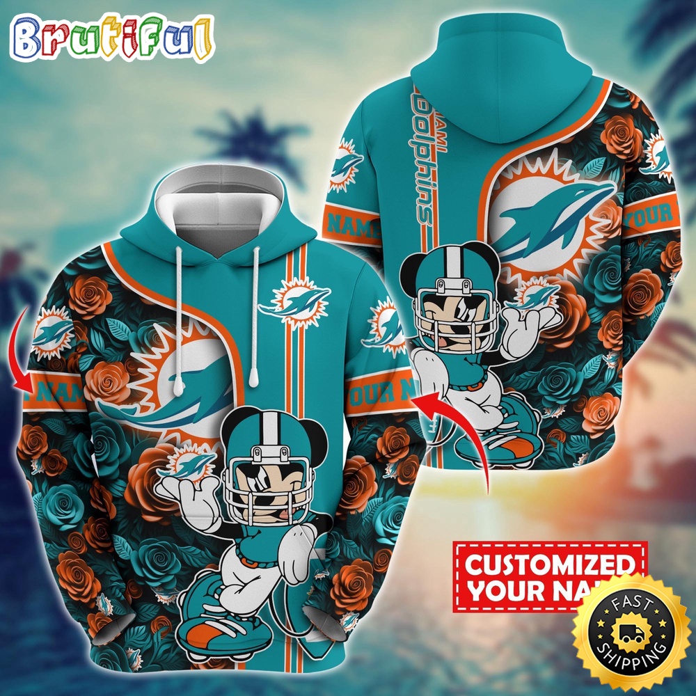 Miami Dolphins Shop - NFL Miami Dolphins Hoodie Mickey Mouse Flower 3D Print Hoodie