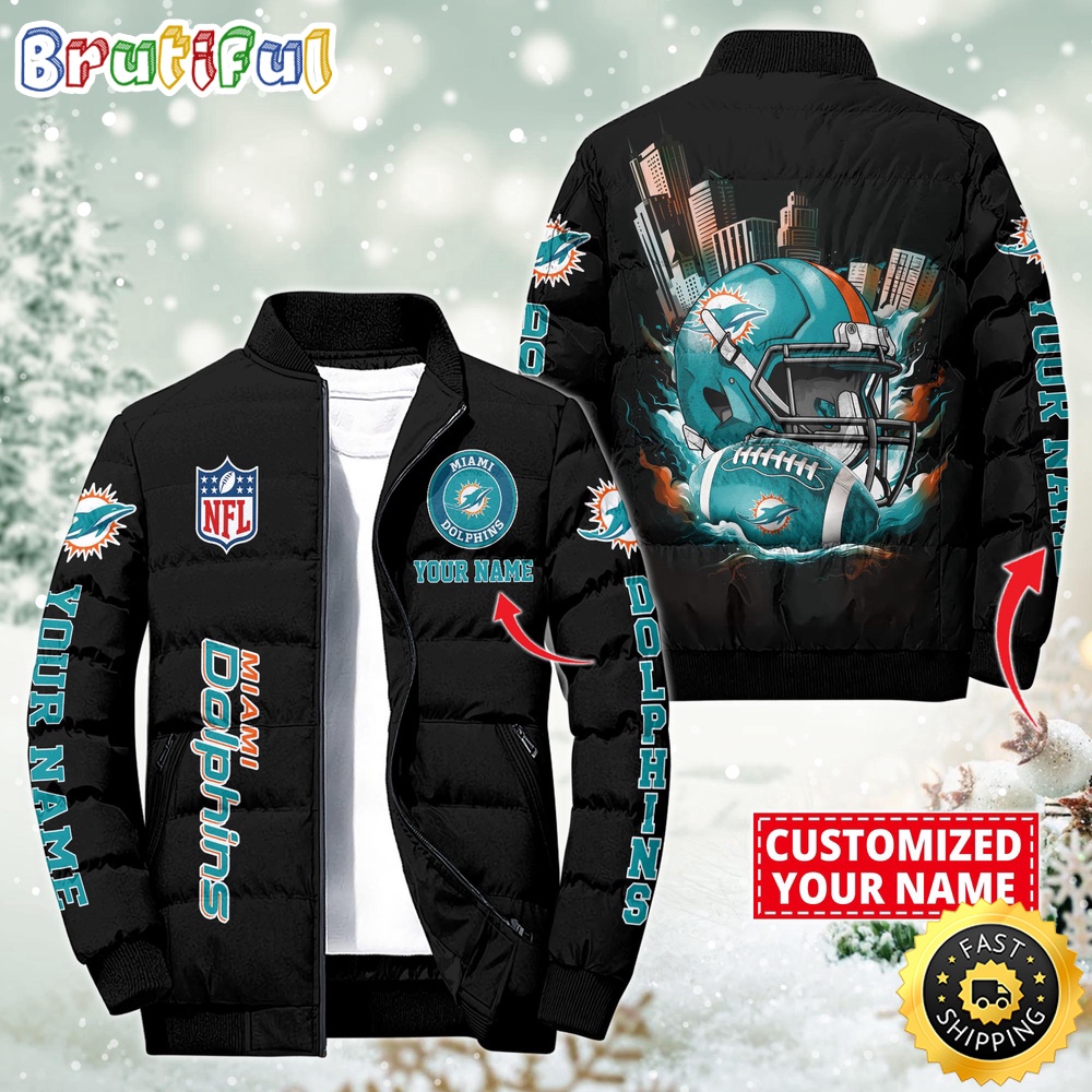 Miami Dolphins Shop - NFL Miami Dolphins Puffer Jacket City Logo Print Jacket
