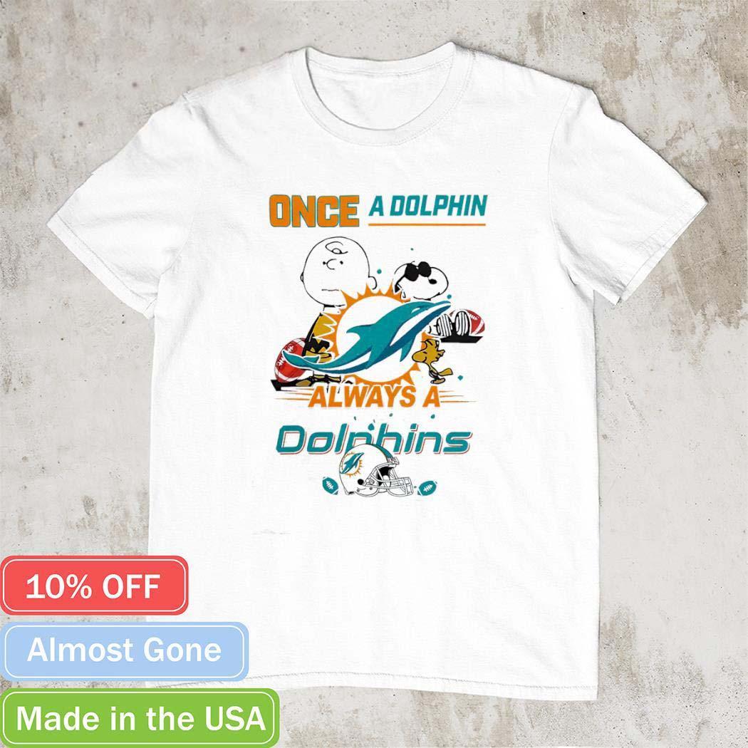 Charlie Brown Snoopy Woodstock once a dolphin alwayss a Miami Dolphins logo shirt