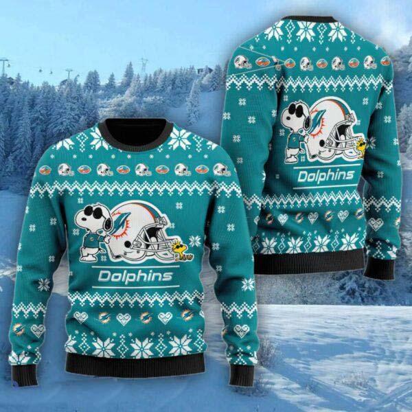 Miami Dolphins Cute The Snoopy Show Football Helmet 3D Ugly Christmas Sweater Christmas Gift For Sport Fans