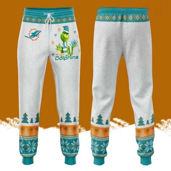 Miami Dolphins Grinch Christmas Pattern All Over Print 3D Casual Unisex All Over Print 3D Long Pants White