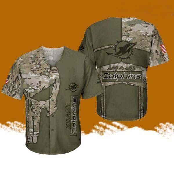 Miami Dolphins Military Style Baseball Jersey Shirt Skull Camo Green