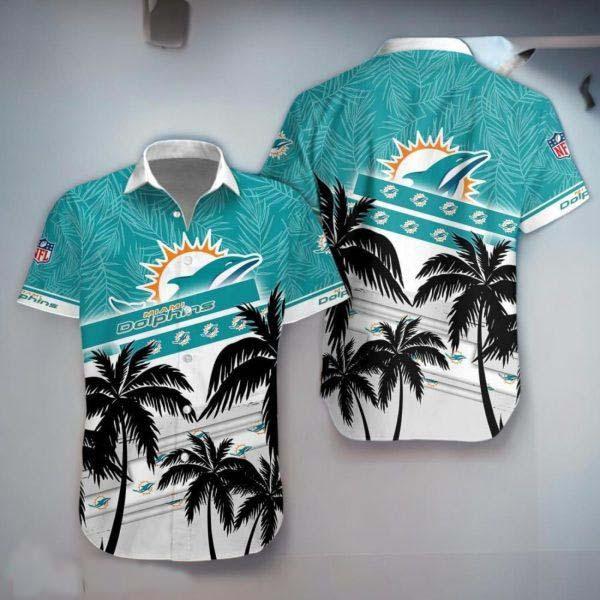 Miami Dolphins NFL Black Palm Trees And Team Logo 3D Hawaiian Shirt