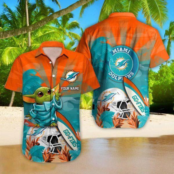 Miami Dolphins NFL Hawaiian Shirt Custom Name Baby Yoda Lover Gift