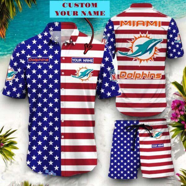 Miami Dolphins NFL Sport American Flag Personalized Set Of Hawaiian Shirt And Shorts For Fans