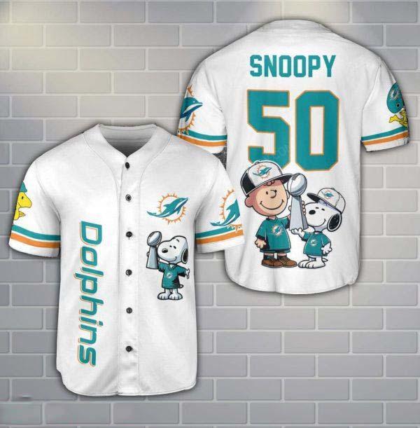 Miami Dolphins Peanut Snoopy Champion Baseball Jersey Shirt For Fans White Shirt Custom Name Number