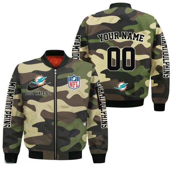 Miami Dolphins Personalized Name And Number Camo Bomber Jacket