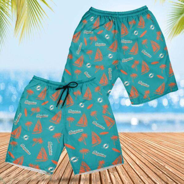 Miami Dolphins Sailboat and Coconut Pattern Beach Shorts For Fans