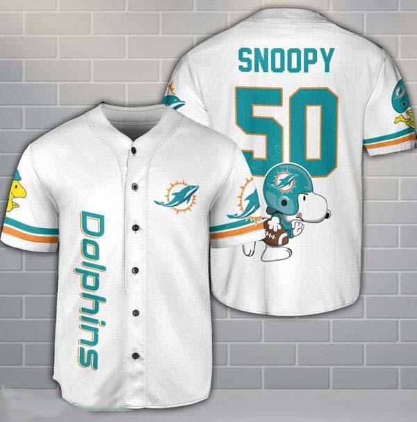 Miami Dolphins Snoopy Baseball Jersey White Cute Gift For Fans Custom Name Number