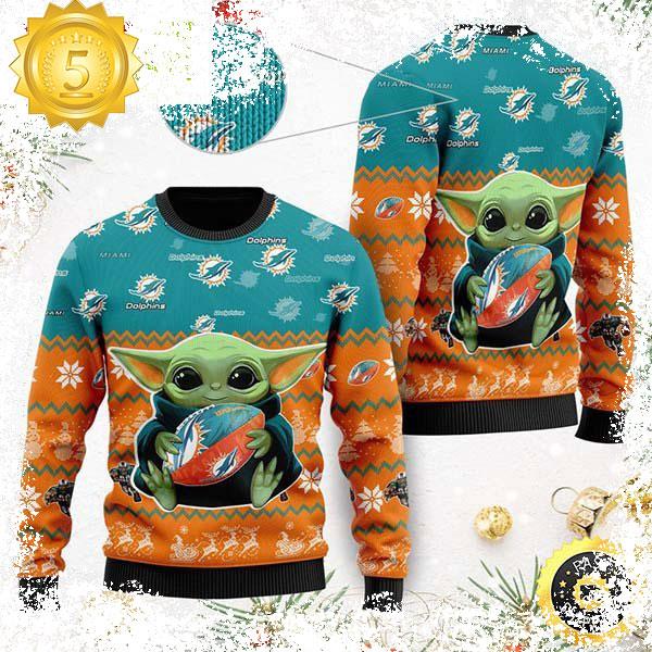 Baby Yoda NFL Miami Dolphins Cute Funny Best For 2023 Holiday Christmas Ugly Sweater - available at - dolphinmiamistore.com