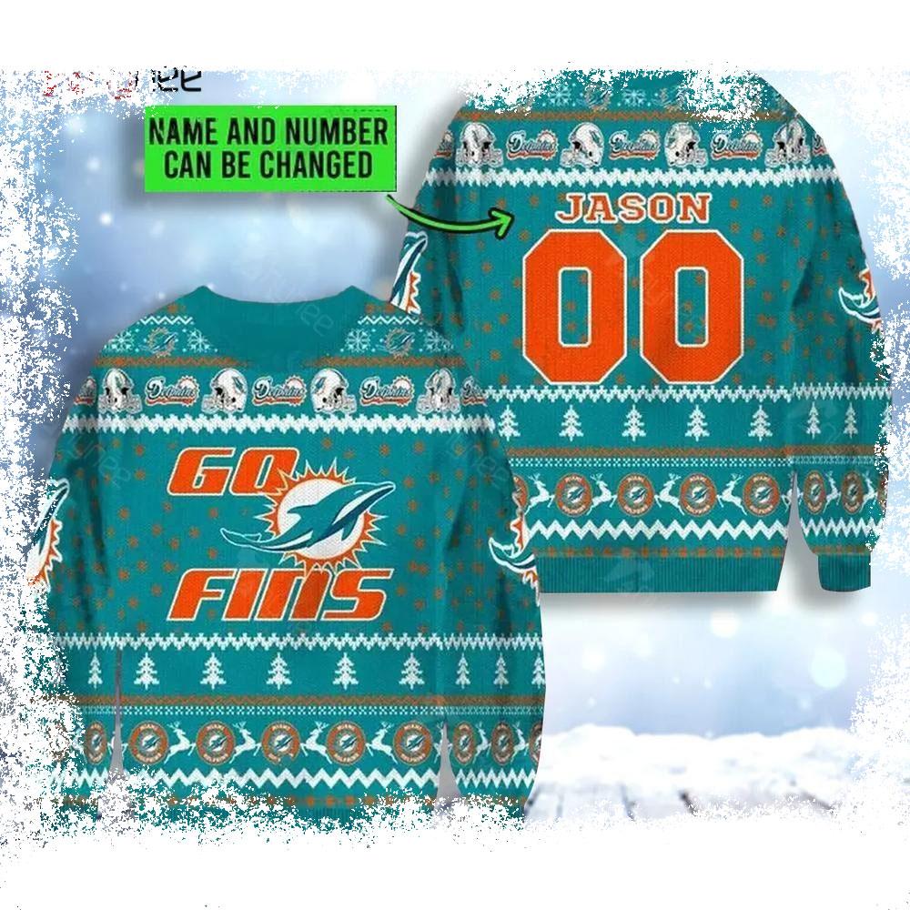 Custom Name Go Fins Miami Dolphins Ugly Christmas Sweater - available at - dolphinmiamistore.com