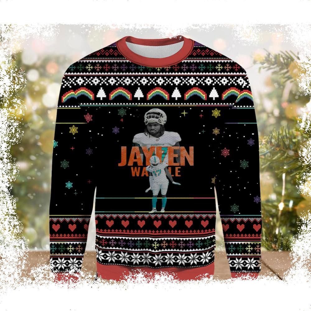 Jaylen Waddle Miami Dolphins Ugly Christmas Sweater - available at - dolphinmiamistore.com