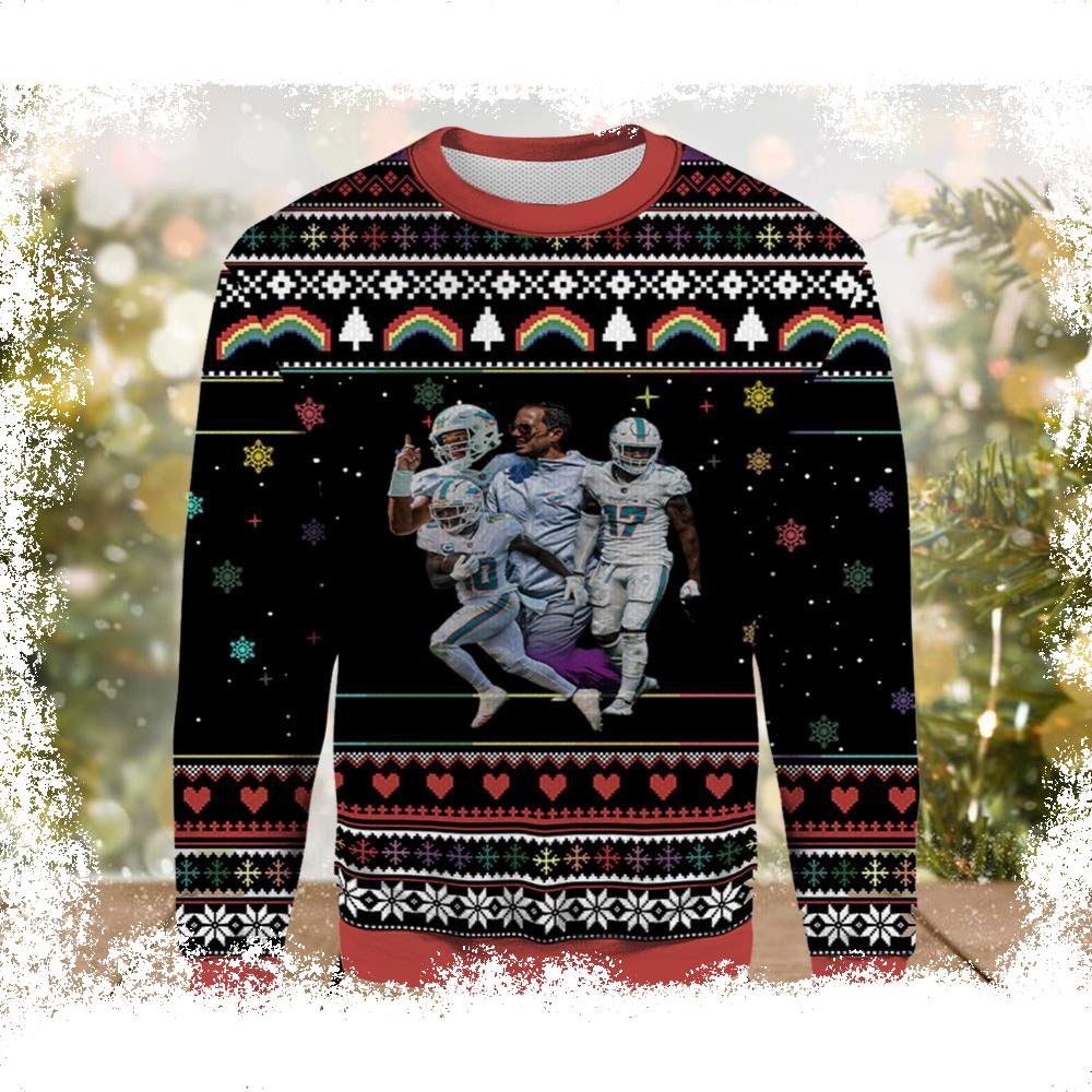 Miami Dolphins And Coach Mike McDaniel Ugly Sweater - available at - dolphinmiamistore.com