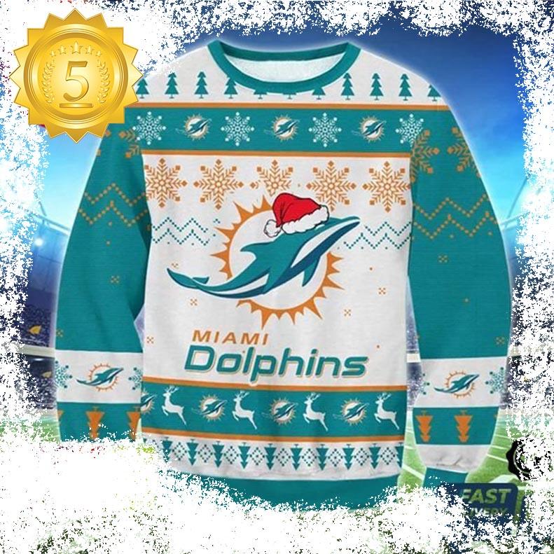 Miami Dolphins Big Logo Snowflake Pattern For Holiday Ugly Christmas Sweater - available at - dolphinmiamistore.com