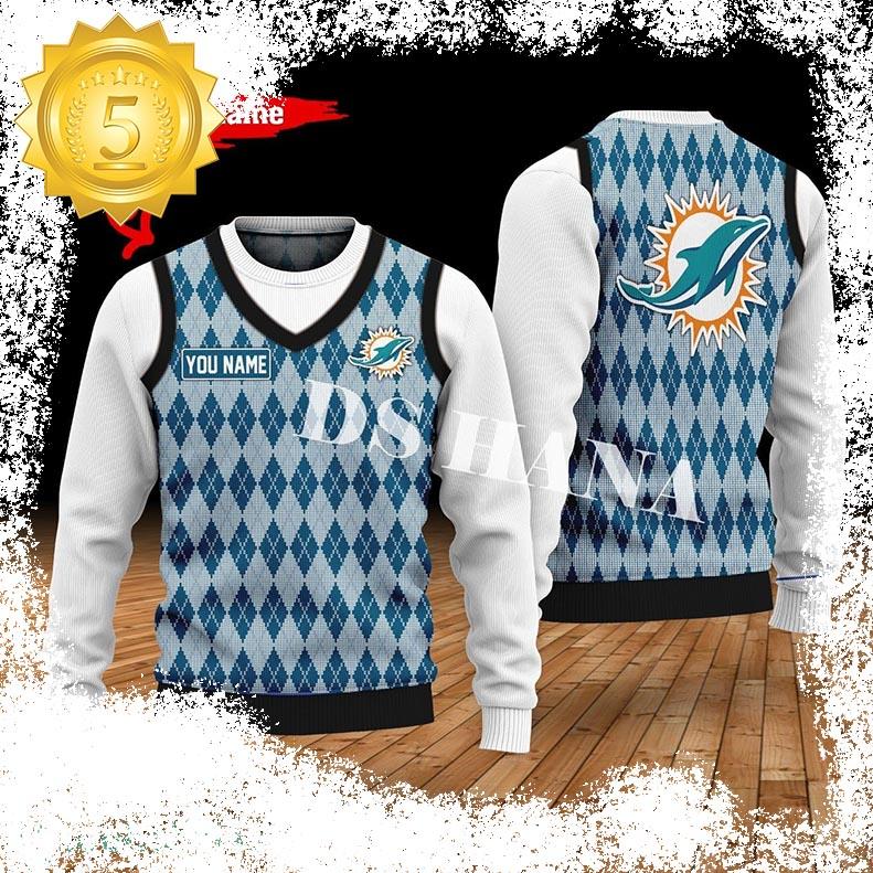 Miami Dolphins Custom Name New Style Sweater Miami Dolphins Ghile Style 3D Print Christmas Sweater - available at - dolphinmiamistore.com