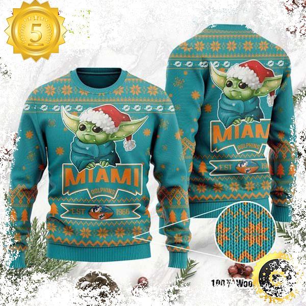 Miami Dolphins Cute Baby Yoda Grogu Cute Funny Best For 2023 Holiday Christmas Ugly Sweater - available at - dolphinmiamistore.com