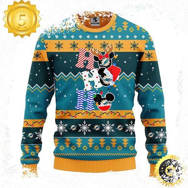 Miami Dolphins HoHoHo Mickey Disney Funny Cute Best For 2023 Holiday Christmas Ugly Sweater - available at - dolphinmiamistore.com