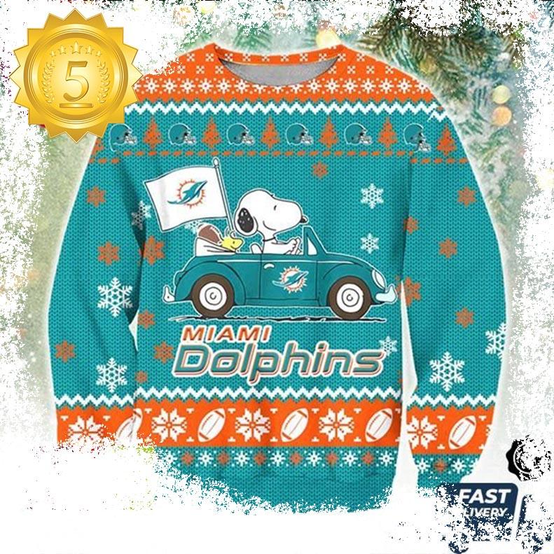 Miami Dolphins Snoopy Driving Car Snowflake Pattern Ugly Christmas Sweater - available at - dolphinmiamistore.com