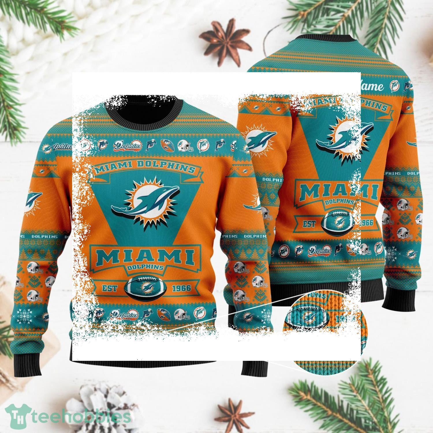 Miami Dolphins Ugly Christmas Sweater All Over Printed Custom Name Christmas Gift For Fans - available at - dolphinmiamistore.com