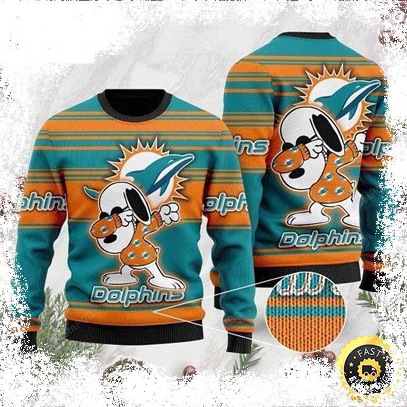 NFL Miami Dolphins Snoopy Dabbing Cute Funny Best For 2023 Holiday Christmas Ugly Sweater - available at - dolphinmiamistore.com